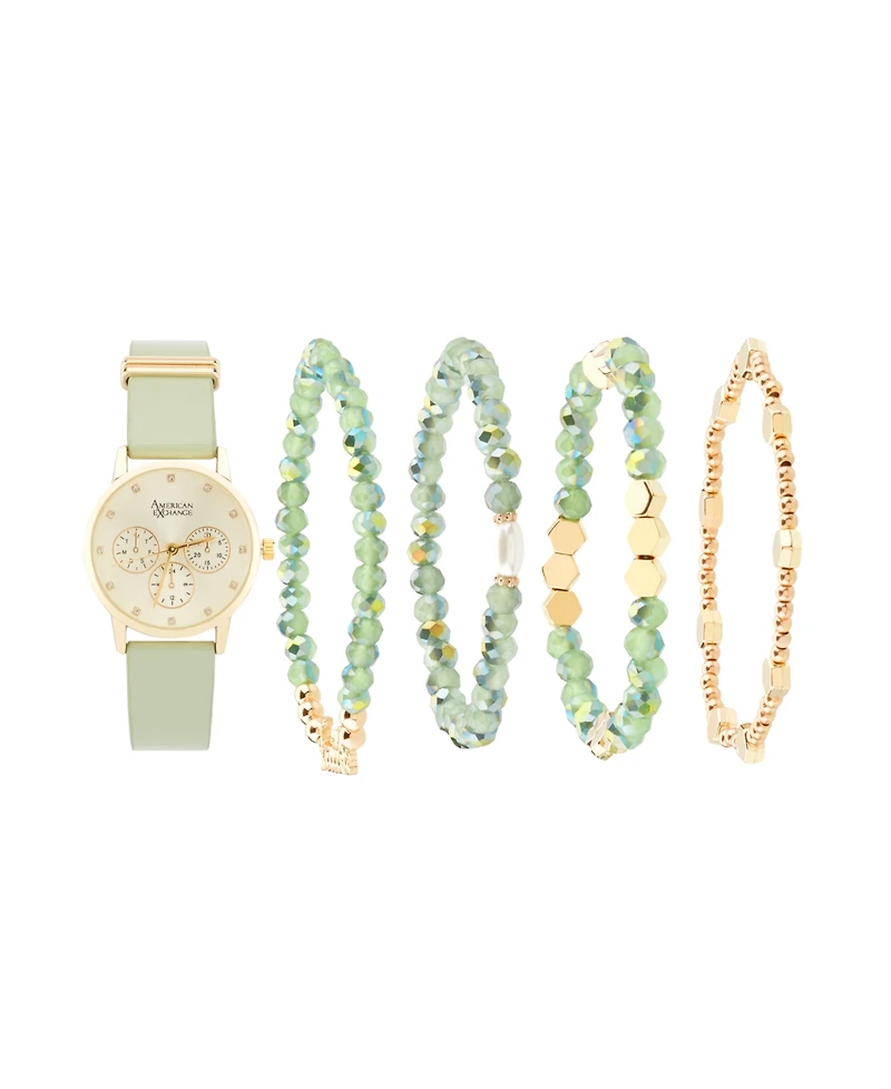 American Exchange Women's Sage Green Polyurethane Leather Strap Analog Watch 32mm with Stackable Bracelets Gift Set