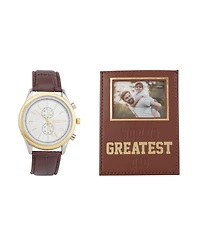 American Exchange Men's Brown Leather Strap Analog Watch 33mm Gift Set