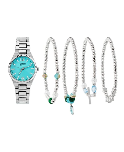 American Exchange Women's Shiny Silver Tone Metal Alloy Analog Watch 33mm with Stackable Bracelets Gift Set
