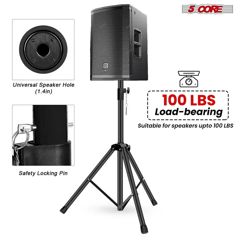 5 Core Speaker Stand Black 4 pieces Tripod Tall Adjustable Up to 72 Inch Dj Studio Monitor Stands Pole Mount