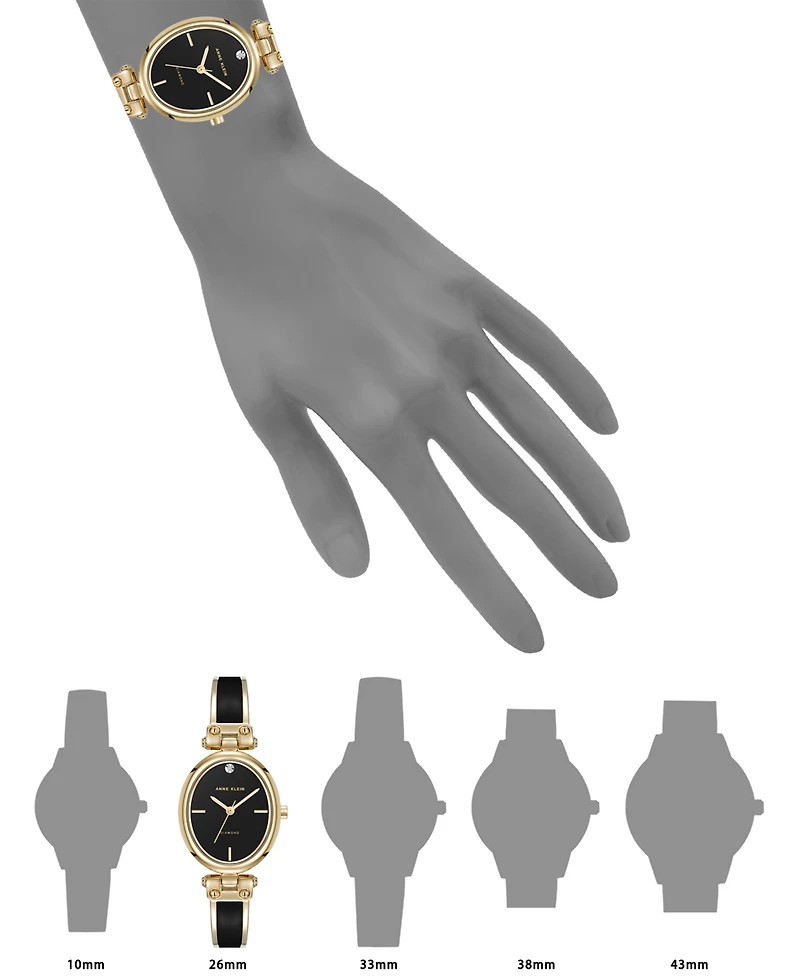 Anne Klein Women's Quartz Black Oval Diamond Accented Gold-Tone Alloy Metal Bangle Watch, 26mm
