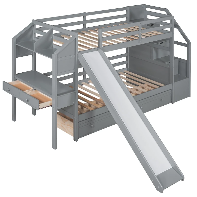 Streamdale White Twin Bunk Bed with Staircase, Slide, and Desk