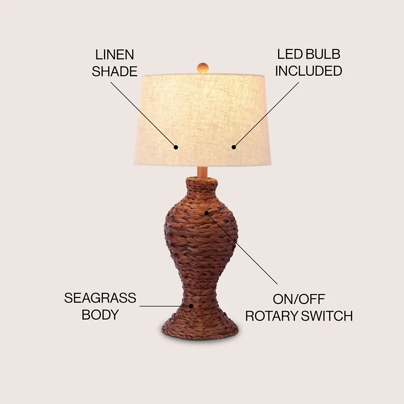 Jonathan Y Elicia 31" Coastal Cottage Water Hyacinth Weave Led Table Lamp, Dark Brown