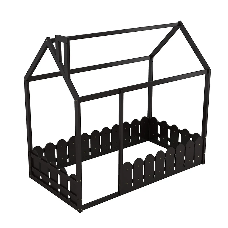 Streamdale Twin Wood Bed House Frame With Fence, For Kids, Teens, Girl
