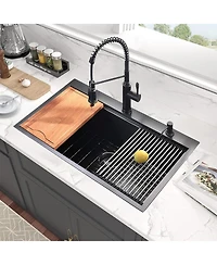 Streamdale Furniture Workstation 33-inch Drop-In Kitchen Sink R10 Radius Stainless Steel Kitchen Sink Single Bowl with Integrated Ledge & Accessories