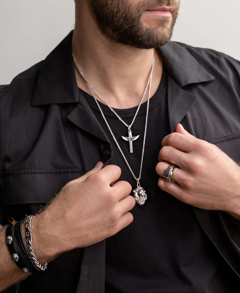 Bulova Marc Anthony Men's Black Diamond Angel Wing Pendant Necklace (1/2 ct. t.w.) in Sterling Silver-Plate, 24" + 2" extender, BVP1050-wsaa