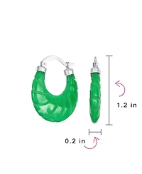 Bling Jewelry Scallop Green Jade Carved Shell Shrimp Oval Green Natural Jade Hoop Earrings Sterling Silver 1.2 Inch Diameter