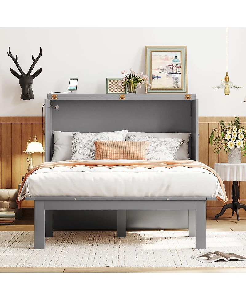 Simplie Fun Full Murphy Bed With Usb Port And Removable Shelves On Each Side, Gray