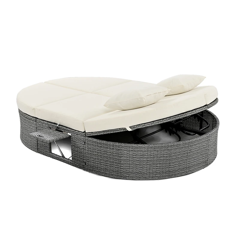 Simplie Fun Gray Rattan Outdoor Daybed with Cushions and Cup Trays