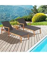 Gymax 2PCS Patio Lounge Chair Adjustable Recliner Chair Acacia Wood Frame Folding Table Set