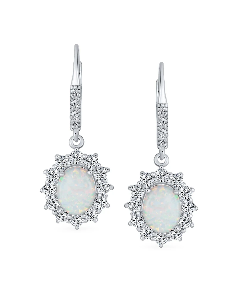 Bling Jewelry Cubic Zirconia Accent Pave Halo Cz Solitaire Oval White Synthetic Opal Drop Earrings Lever back Sterling Silver
