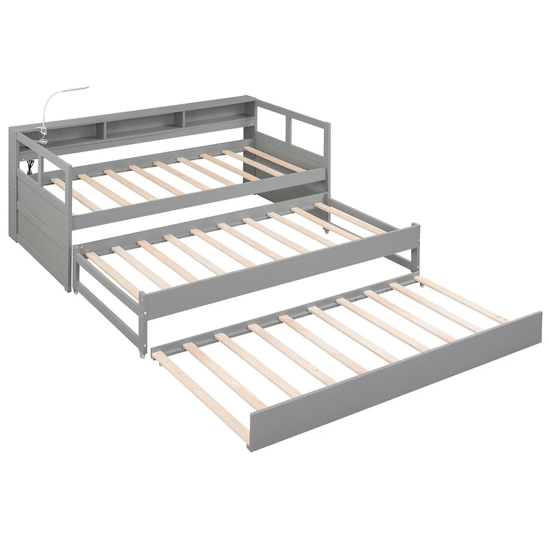 Streamdale Twin Xl Wood Daybed with Trundles, Cubbies, & Charging