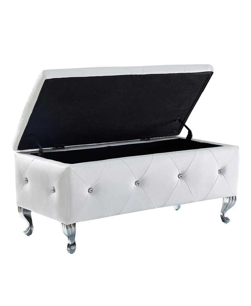 White Faux Leather Ottoman with Crystal Buttons