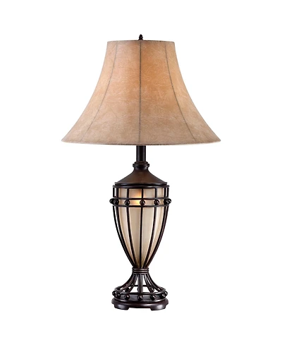 Franklin Iron Works Cardiff Rustic Table Lamp 33" Tall Brushed Iron with Table Top Dimmer Nightlight Beige Fabric Shade for Bedroom Living Room O