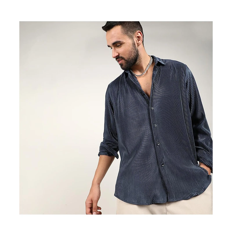 Men's Navy Blue Pleat-Creased Shirt