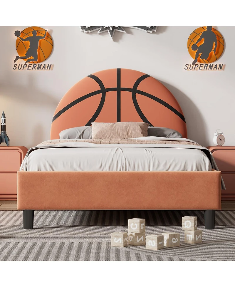Simplie Fun Basketball Design Upholstered Twin Platform Bed Sport Style Bed For Boys & Girls, Teens, Orange