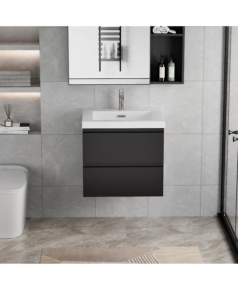 Simplie Fun Glossy Black 24 Inch Wall Mounted Bathroom Vanity with Glossy White Resin Sink