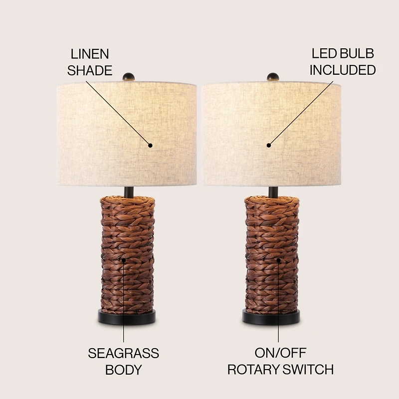 Jonathan Y Elicia 25" Coastal Water Hyacinth Led Table Lamp, Dark Brown (Set of 2)