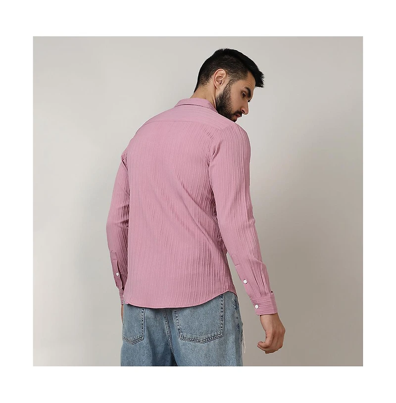 Men's Salmon Pink Self-Design Striped Shirt