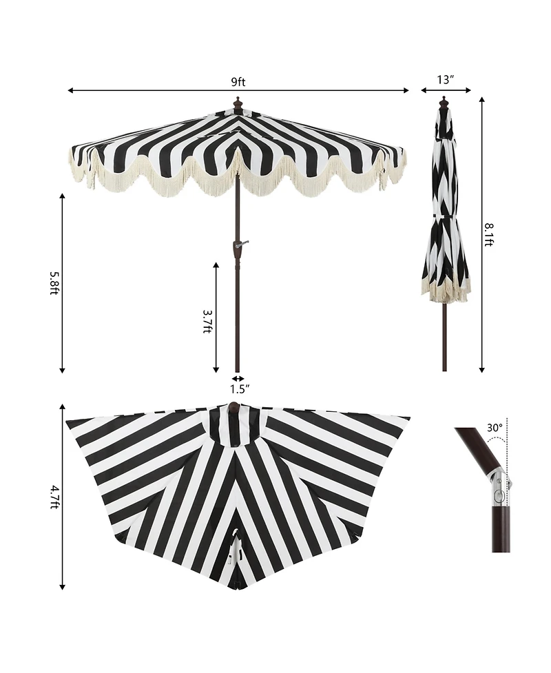Jonathan Y 9ft Half Market Umbrella, Scalloped Fringe, Crank, Button Tilt, Uv Protection