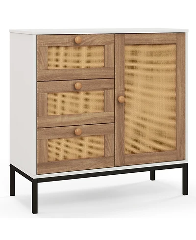 Rattan Sideboard Buffet Cabinet with 1 Door and 3 Drawers