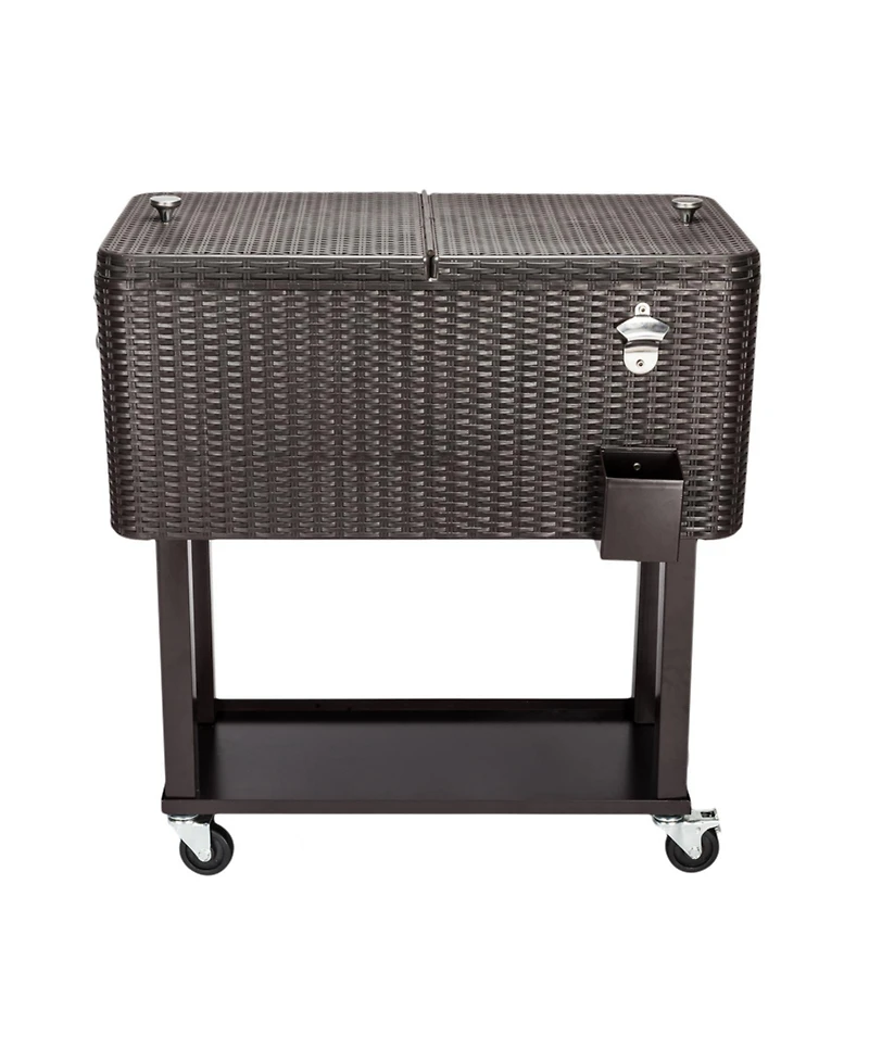 80QT Rattan Square Legs Cooler with Shelf Portable Patio Party Cooler Cart