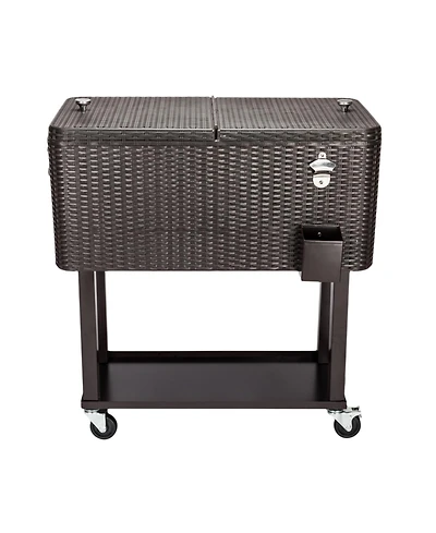 80QT Rattan Square Legs Cooler with Shelf Portable Patio Party Cooler Cart