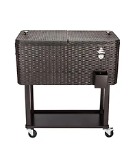 80QT Rattan Square Legs Cooler with Shelf Portable Patio Party Cooler Cart