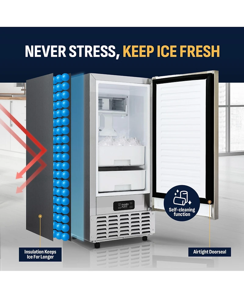 Newair 15” Undercounter Nugget Ice Maker, Pebble Ice Maker Producing 66 lbs. Daily, Built-in or Freestanding in Stainless Steel, Sonic Ice Make