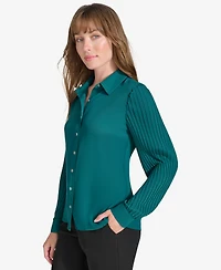 Tommy Hilfiger's Women's Pleated Long Sleeve Button Down