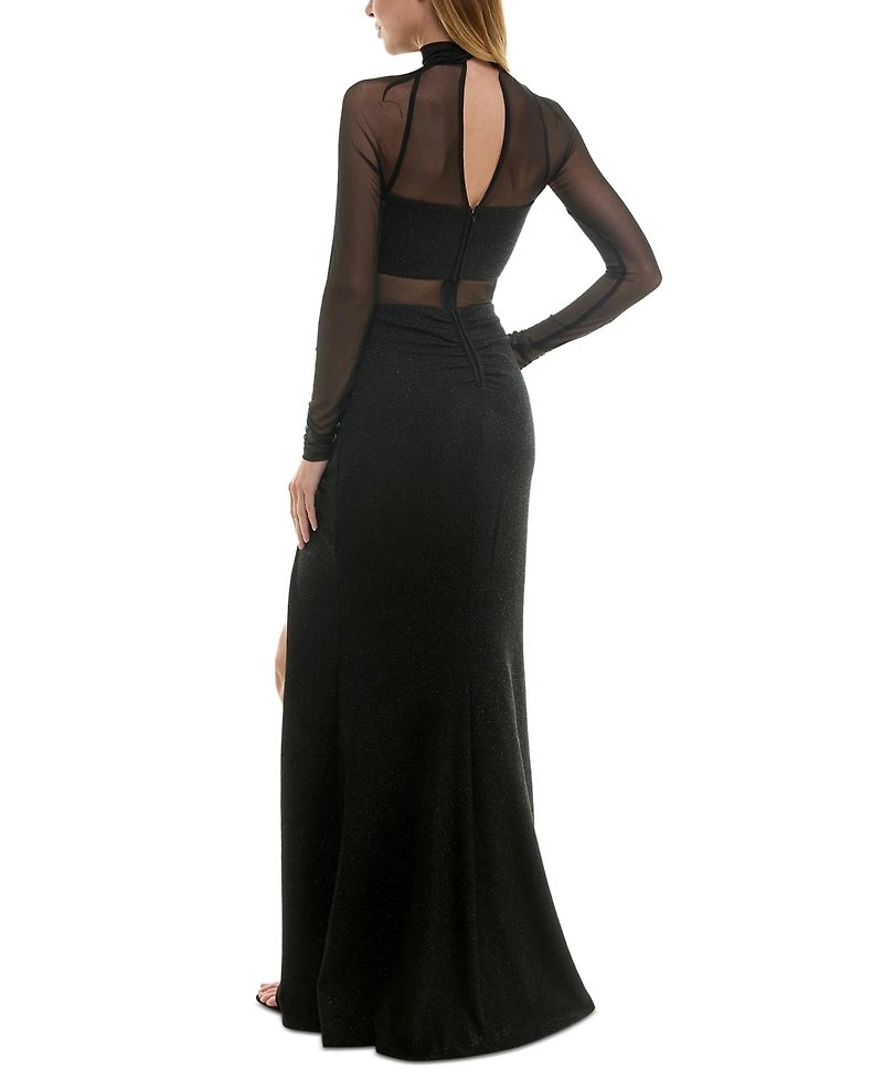 City Studios Juniors' Mock-Neck Long-Sleeve Slit-Front Gown
