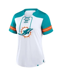 Fanatics Women's White/Aqua Miami Dolphins Foiled Primary Lace-Up T-Shirt