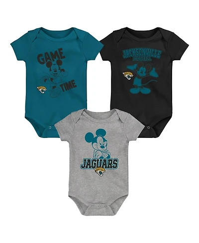 Outerstuff Baby Boys and Girls Teal/Black/Gray Jacksonville Jaguars Three-Piece Disney Game Time Bodysuit Set