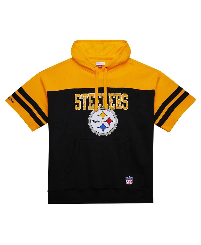 Mitchell & Ness Men's Black Pittsburgh Steelers Off Field Vintage-like Logo Short Sleeve Pullover Hoodie