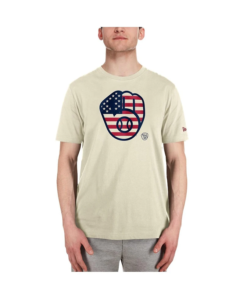 New Era Men's Cream Milwaukee Brewers 4th of July Flag Fill T-Shirt
