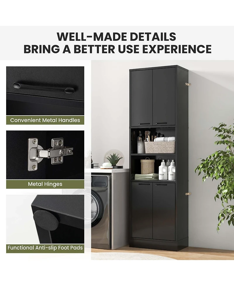 Costway 75" Tall Bathroom Storage Cabinet with 4 Doors & 2 Open Compartments Freestanding