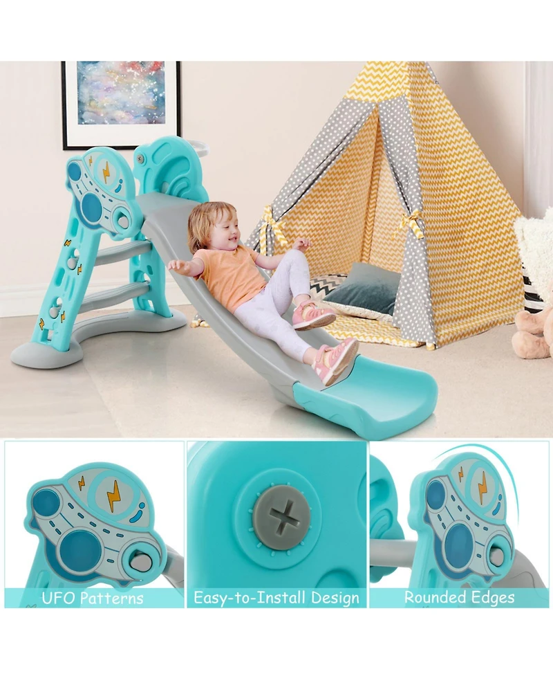 Costway Girls 3-in-1 Indoor Slide with Basketball Hoop & Basketball, Safe Buffer Zone