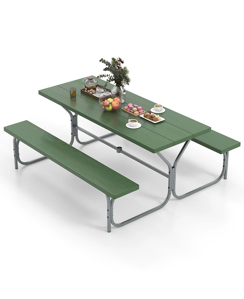 Costway 6 Ft Picnic Table Bench Set Outdoor Dining Table & 2 Benches with Metal Frame