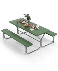 Costway 6 Ft Picnic Table Bench Set Outdoor Dining Table & 2 Benches with Metal Frame