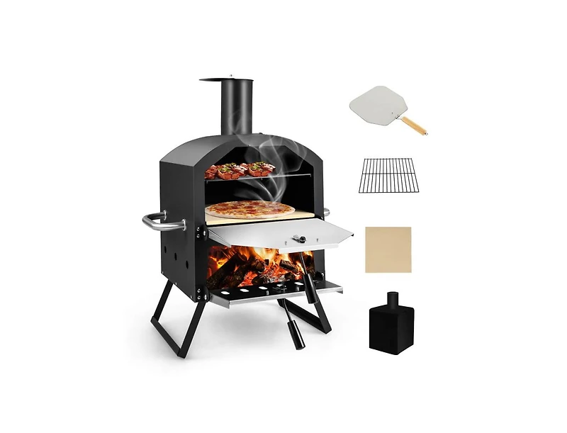Slickblue Outdoor Pizza Oven with Anti-scalding Handles and Foldable Legs-Black