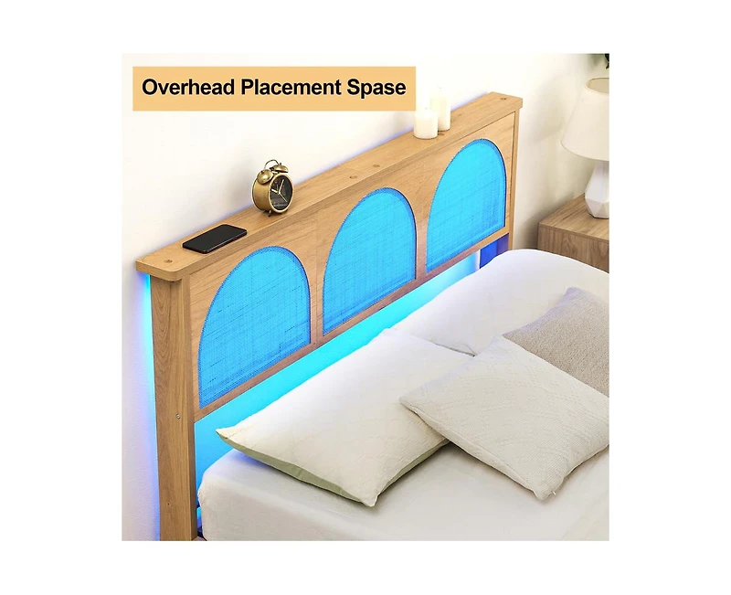 gaomon Full Bed Frame with Natural Rattan Headboard, Full Size Platform Bed Frame with Led Lights and Storage Headboard, Strong Wood Slats Support, No