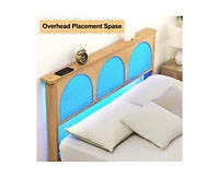 gaomon Full Bed Frame with Natural Rattan Headboard, Full Size Platform Bed Frame with Led Lights and Storage Headboard, Strong Wood Slats Support, No