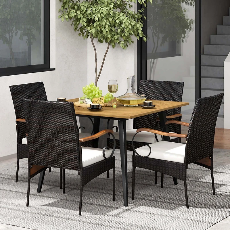 Costway 5 Pcs Patio Pe Wicker Dining Set Table and Chairs with Cushions 1.9" Umbrella Hole