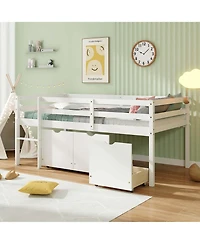 Twin Low Loft Bed with 3 Drawers Ladder & Full-length Guardrails Storage