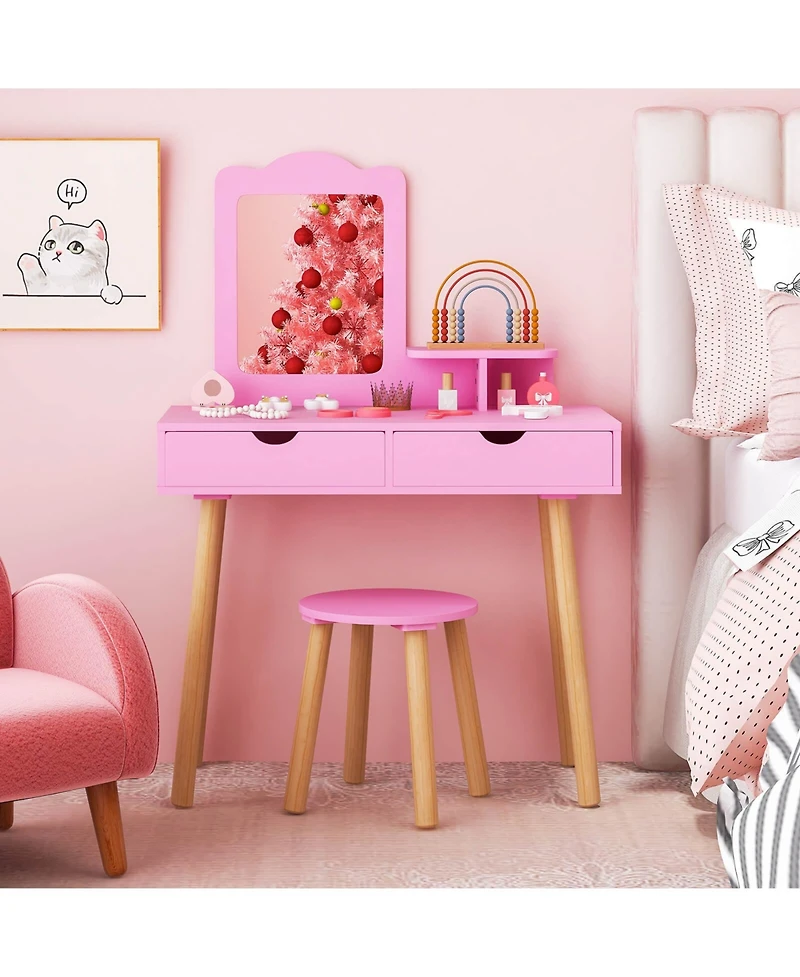 Costway Kid Vanity Table Chair Set with Mirror Large Storage Drawers Wooden Legs