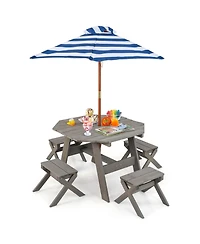 Kids Wooden Table Set with Octagon 4 Stools & Removable Adjustable Umbrella