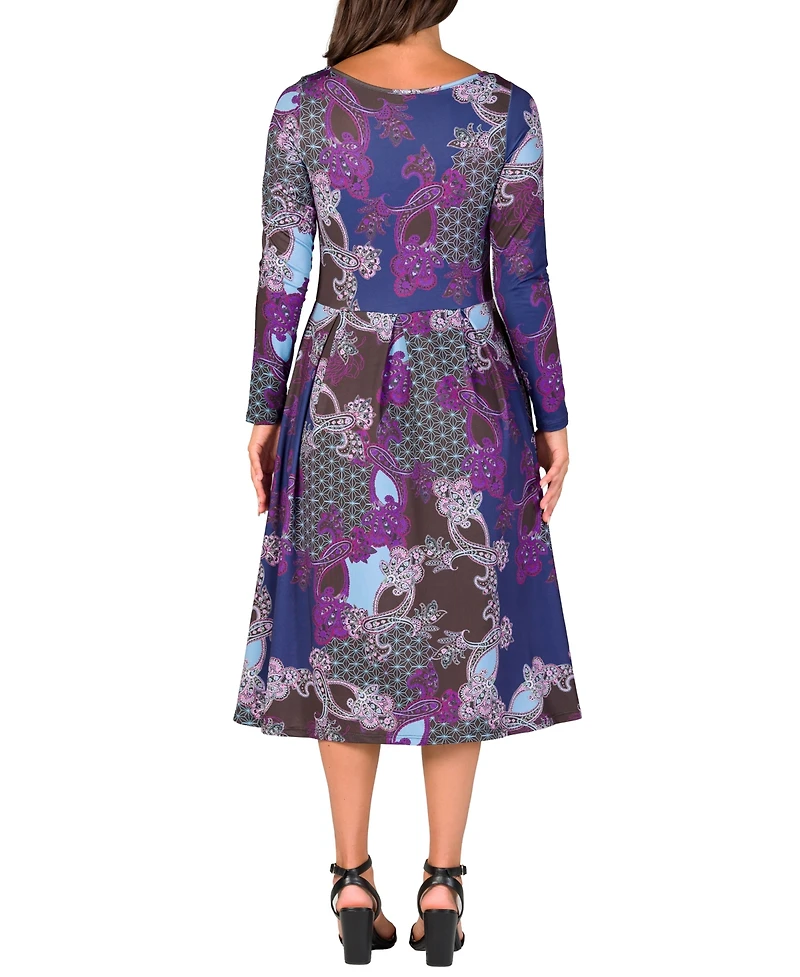 24seven Comfort Apparel Women's Purple Paisley Midi Length Long Sleeve Pocket Dress