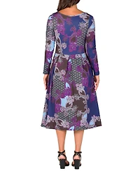 24seven Comfort Apparel Women's Purple Paisley Midi Length Long Sleeve Pocket Dress