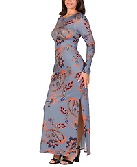 24seven Comfort Apparel Women's Grey Long Sleeve Side Slit Fitted Maxi Dress