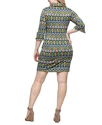24seven Comfort Apparel Women's Green Print Three Quarter Sleeve Mini Dress